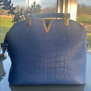 Royal Blue Faux Leather Croc-Embossed Handbag with Gold Accents